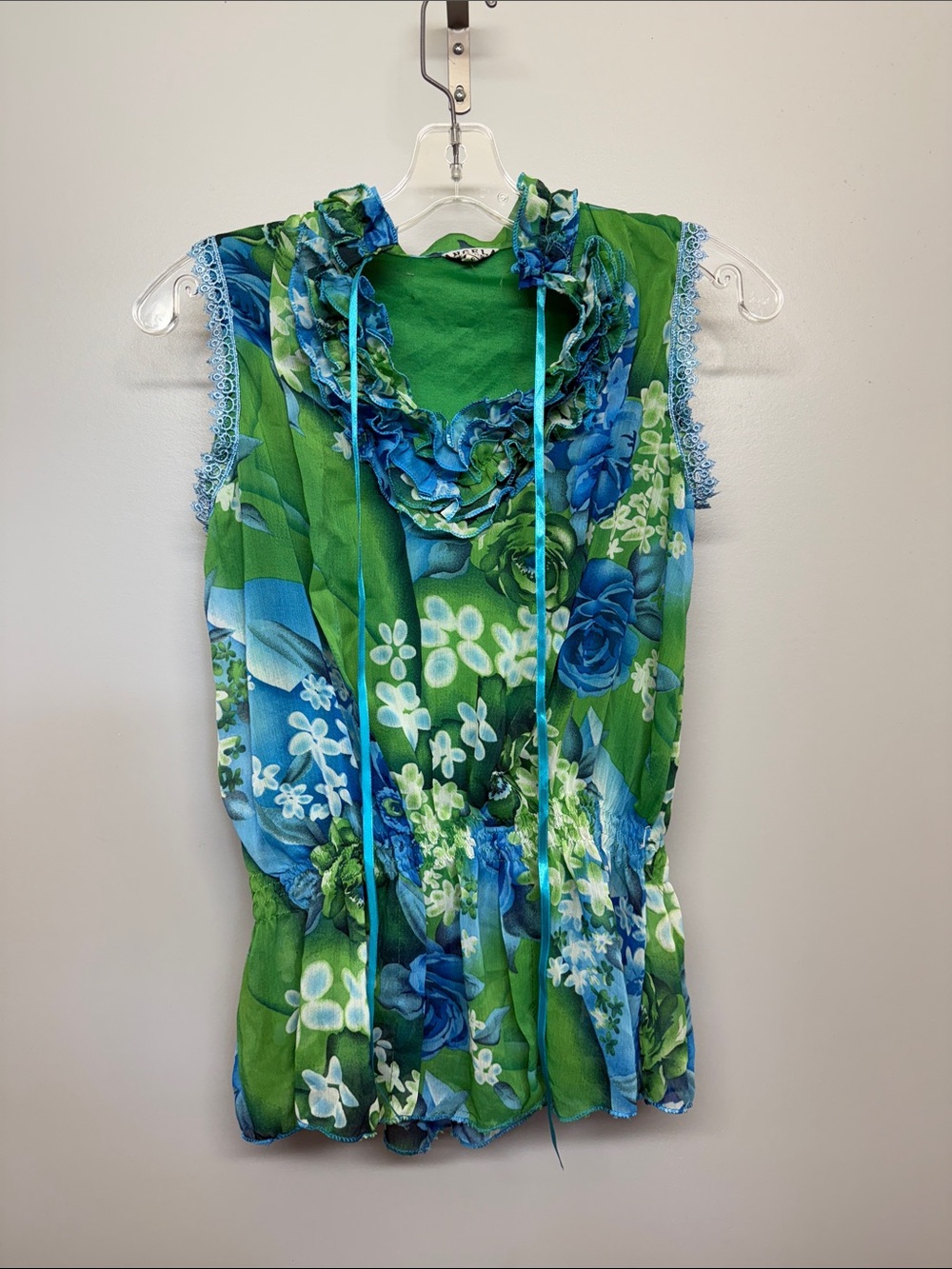 Green and Blue Ruffled Floral Top